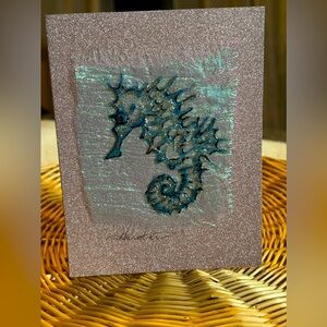 🌊Sparkling dusky pink greeting card with blue seahorse